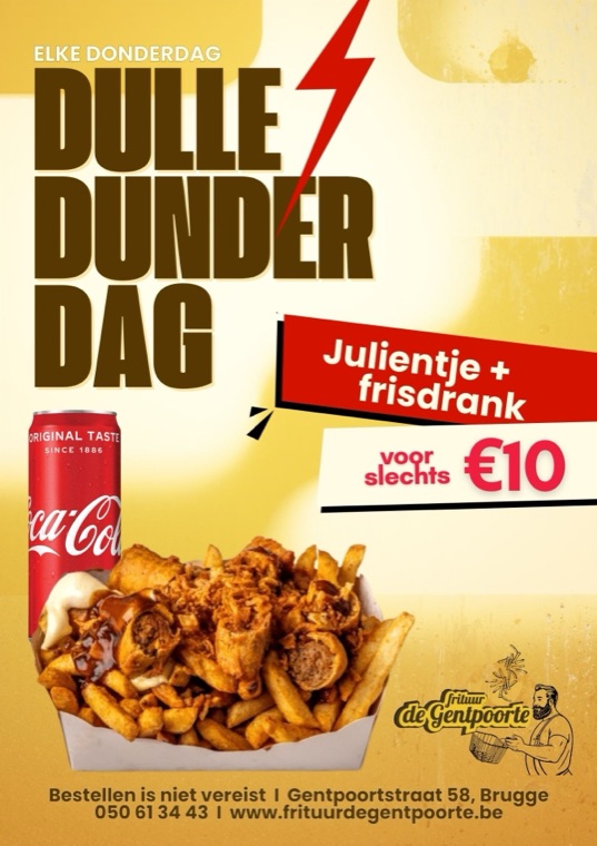 De Dulle Dunderdag-flyer van De Gentpoorte: een Julientje met frisdrank voor tien euro.