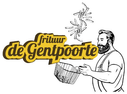 Het logo van Frituur De Gentpoorte: de frituurman die verse frietjes opgooit in zijn mandje.